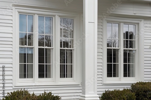 White house exterior features two windows