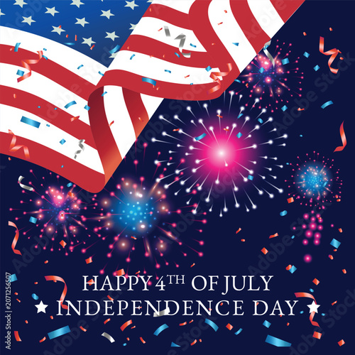 USA 4th of July Independence Day square post template; happy fourth of July social media backdrop layout with night fireworks, falling confetti and waving flag
