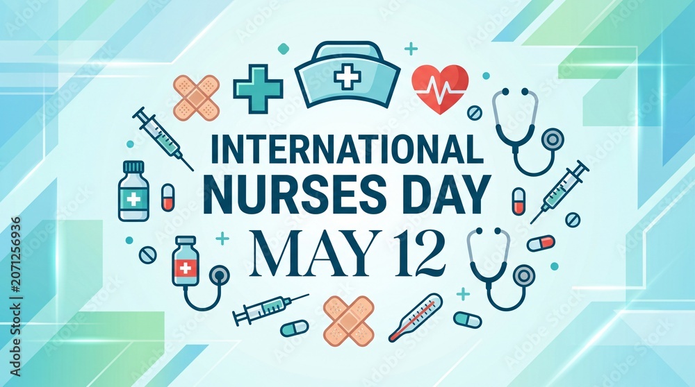 Naklejka premium International Nurses Day May 12 vibrant banner art, Nurses Day colorful May 12 healthcare poster art, World Nurses Day May 12 colorful banner design