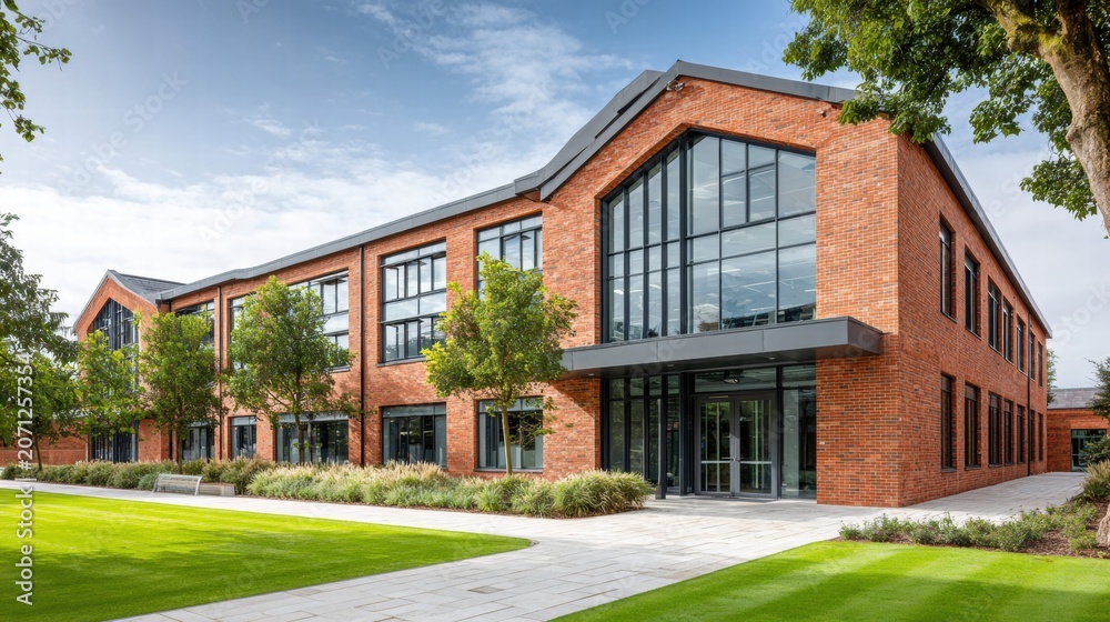 Obraz premium A modern brick building with expansive windows, surrounded by lush greenery and a clear sky.