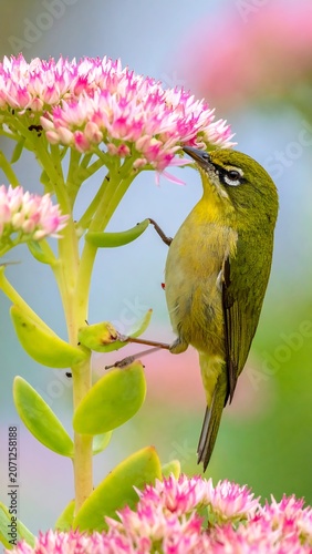 A vibrant bird with greenish-yellow plumage perches delicately on a succulent stem, exploring a cluster of pink blossoms