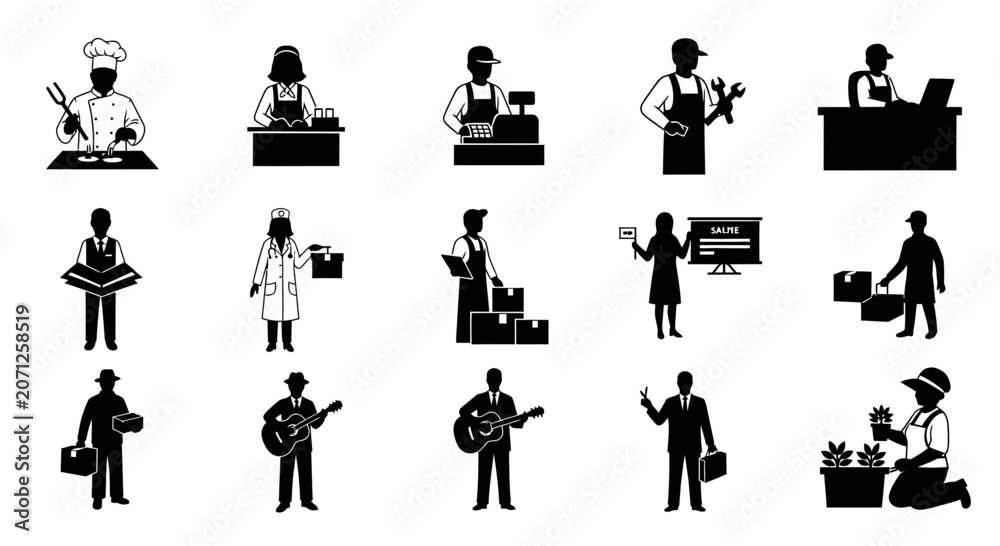 Obraz premium Set of Diverse Profession Icons Featuring People in Various Roles and Occupations, Including Chef, Cashier, Mechanic, Teacher, Musician, and Professional Worker Icons