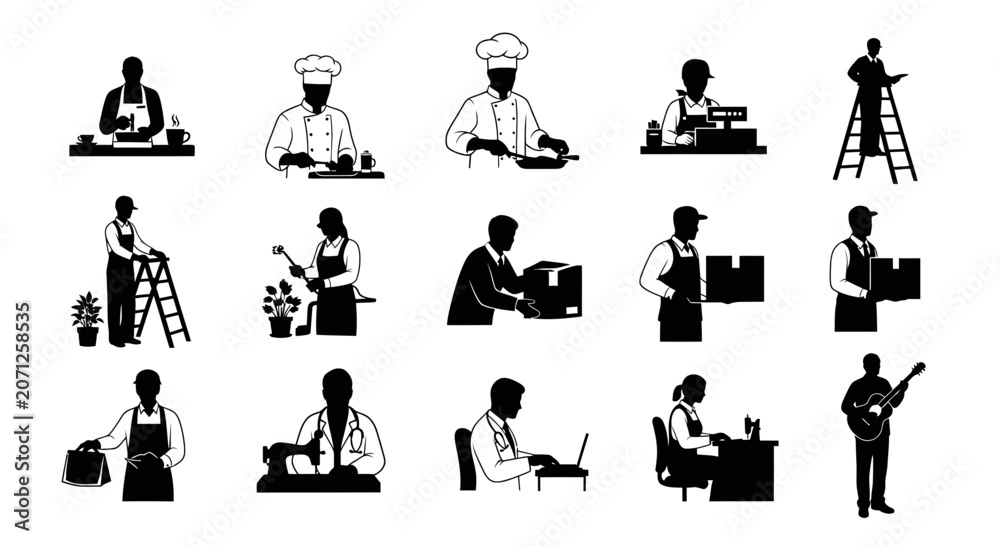 Obraz premium Diverse Professional Occupations Silhouette Collection Chefs, Doctors, Builders, Office Workers, And Musicians Representing Various Careers