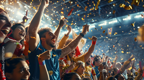 People celebrating with arms raised high.