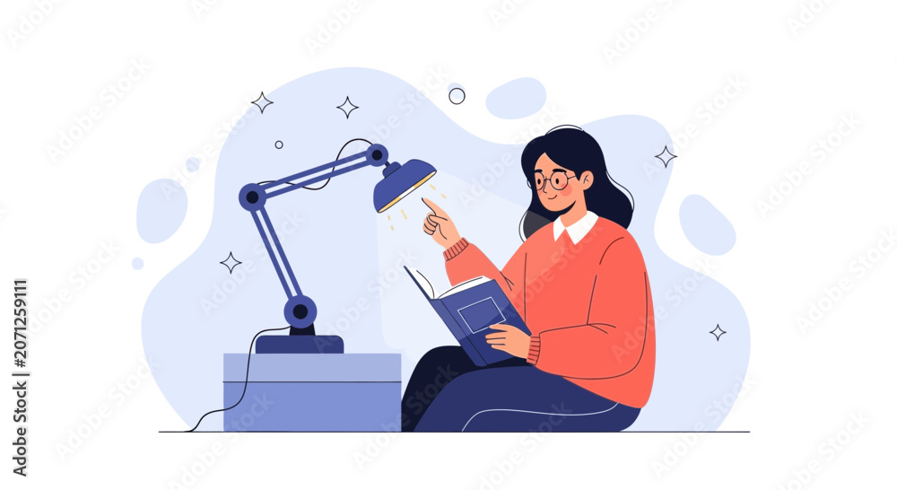 Fototapeta premium Young woman reading a book under a desk lamp, illustration of learning and concentration