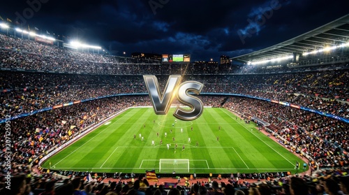 A Massive Crowded Football Stadium Under Night Lights With A Versus Sign