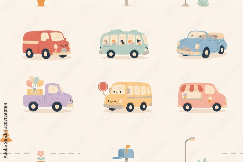 Naklejka premium Seamless pattern of cute cartoon vehicles including a bus, a van, a convertible, and a truck with balloons on a light beige background