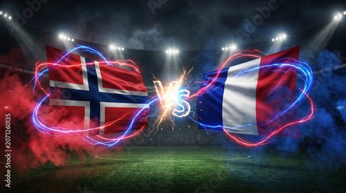 Norway vs france soccer match flags on stadium background