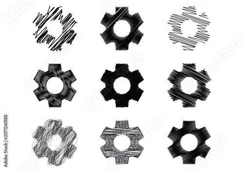 Settings gear icon scribble collection with hand drawn doodle sketch texture