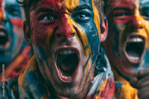 Young man with painted face screaming.