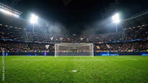 Empty Football Goal Post On A Crowded Stadium Field At Night Time