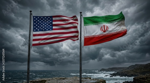 American and Iranian flags waving against a dark and stormy ocean backdrop
