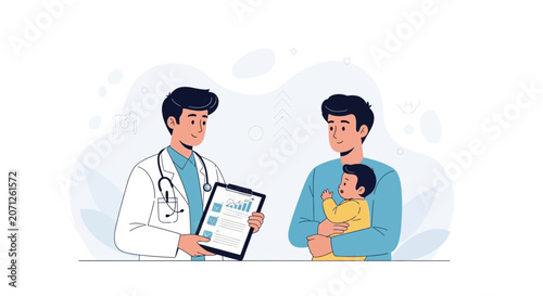 Doctor consulting father and baby, healthcare, medical check-up, and family wellness