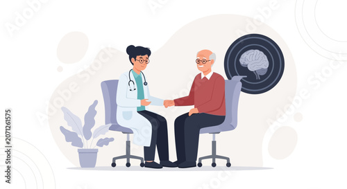 Doctor and Elderly Patient Shaking Hands, Brain Scan Illustration - Concept of Neurological Health and Care