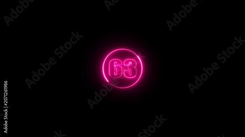 Glowing purple color neon effect number 63 animation on black background. Neon number 63 with alpha channel.