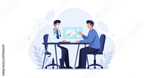 Doctor and Patient Discussing Brain Scan Results on Digital Display, Medical Consultation and Neurology Concept