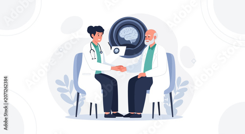 Doctor and Patient Discussing Brain Scan Results with Medical Technology Background