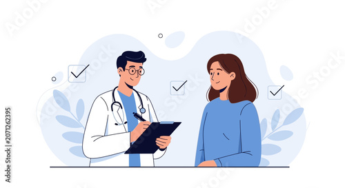 Doctor consulting patient, healthcare concept, medical examination, vector illustration with clean design and pastel colors