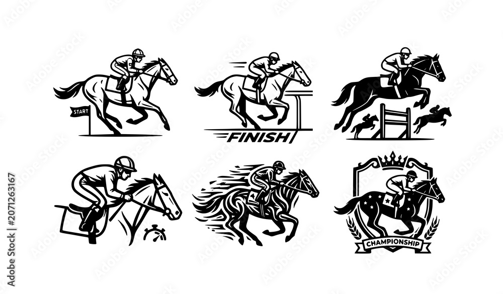 Fototapeta premium Modern horse racing icon collection featuring 6 black and white vector symbols