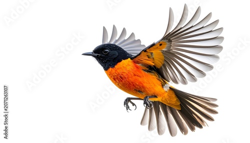 A vibrant bird with orange and black plumage in mid-flight, wings outstretched, showcasing its form against a pristine white backdrop