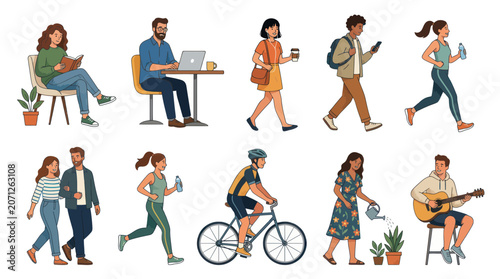 Diverse People Lifestyle Activities Set: Reading, Working, Walking, Running, Cycling, Gardening, Music