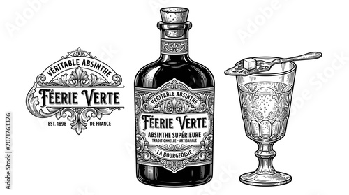 Konstfotografi Vintage Absinthe Bottle and Glass with Sugar Cube on Spoon