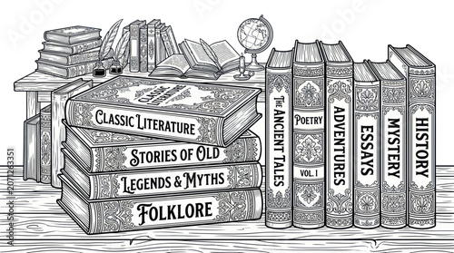 Vintage Books Stacked, Classic Literature, Folklore, History, Poetry, Essays, Desk Illustration