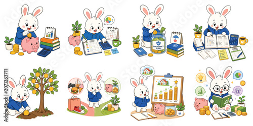 Financial Literacy Rabbit Collection with Saving Budgeting Investing Goal Setting and Money Education Concepts