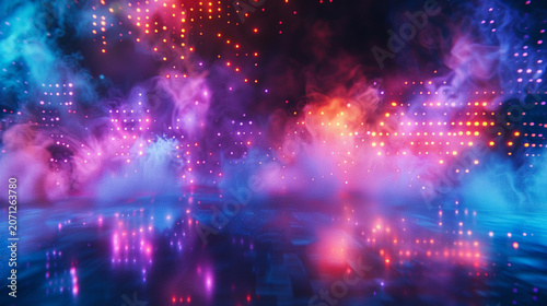 Neon Stage Smoke Background with Colorful Glowing LED Light Grid Reflections