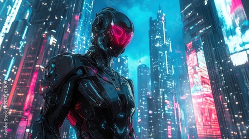 Futuristic cyborg in a neon lit urban environment