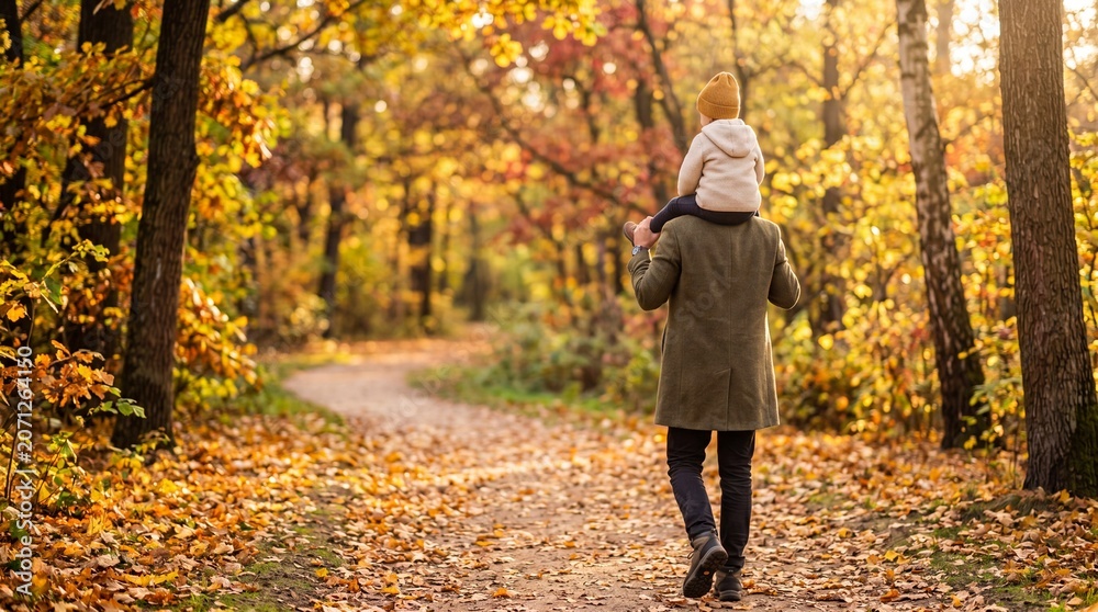 Fototapeta premium Parent walking with child on shoulders along a golden autumn forest path, warm family bonding, nature, childhood and outdoor lifestyle concept.