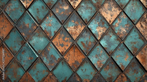 Diamond pattern of rusted copper and patinated metal