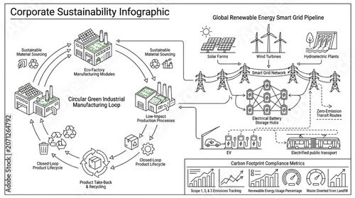 Minimalist Green Industrial Eco Factory Manufacturing Sustainability Transition Loop Blueprint, 