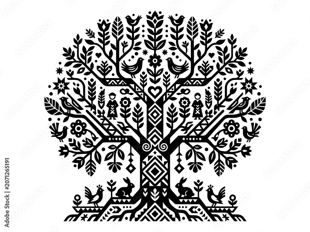 Fototapeta premium Scandinavian Folk Art Tree of Life Illustration with Birds, Rabbits, and Floral Elements
