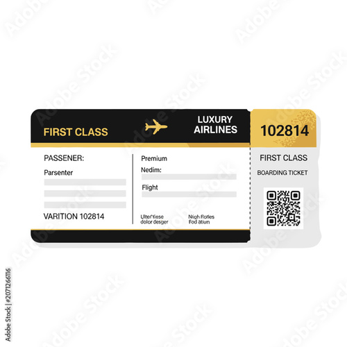 Luxury First Class Airline Boarding Pass Ticket Template with QR Code