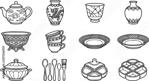 Tableau sur toile Kitchenware and Tableware Vector Icons Collection – Teapot, Vase, Bowls, Cups, P