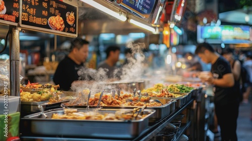 A vibrant, energetic scene inside a Singaporean hawker centre. The focus is on one particular food stall, with its colorful signage and menu board