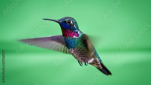 Hummingbird in flight, vibrant colors, green background