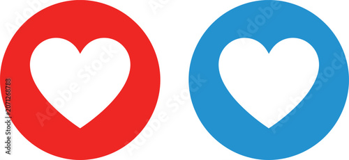 Two circular featuring white heart shapes, one set against a vibrant red background, and the other, against a bright, blue background