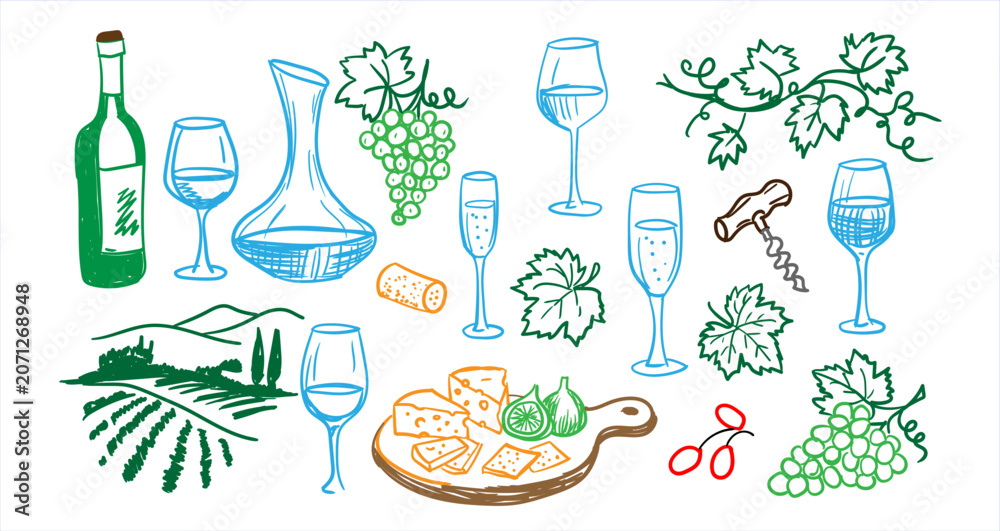 Fototapeta premium Collection of colorful hand drawn wine doodles including bottle, glasses, decanter, grapes, cheese board, corkscrew, and vineyard landscape.