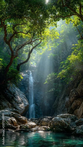 Tropical Waterfall in Lush Green Rainforest

