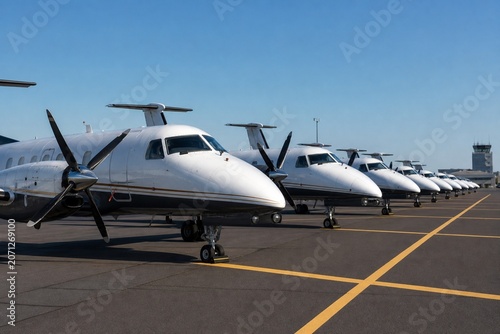 Turboprop airplanes lined up on regional airport tarmac on clear day.