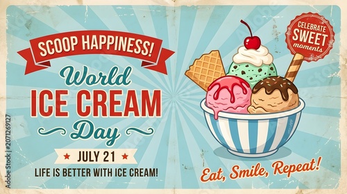 Vintage World Ice Cream Day Poster with Retro Typography Colorful Sundae Illustration and Nostalgic Summer Celebration Design Template
