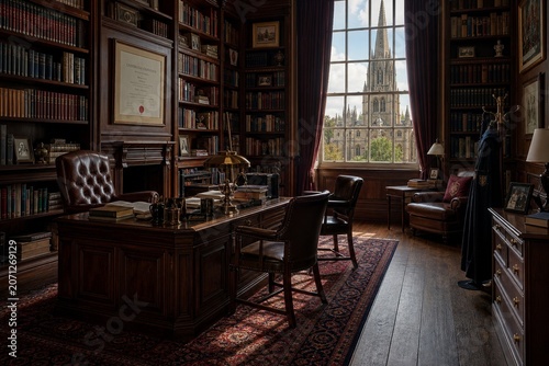 A dean's office with bookshelves and a Gothic spire outside the window.