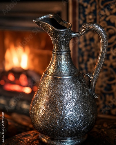 An intricately engraved silver flagon reflecting flickering firelight.