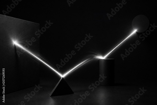 A streaking silver light trail on a dark background with geometric shapes.