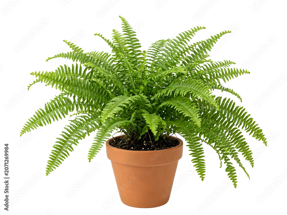 Obraz premium Boston fern plant with vibrant green fronds in brown terracotta pot houseplant, isolated on transparent background