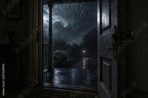 Open porch door with rainstorm outside, a key left in the keyhole.