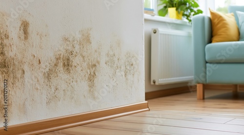 Black mold growth on damp white wall in apartment interior