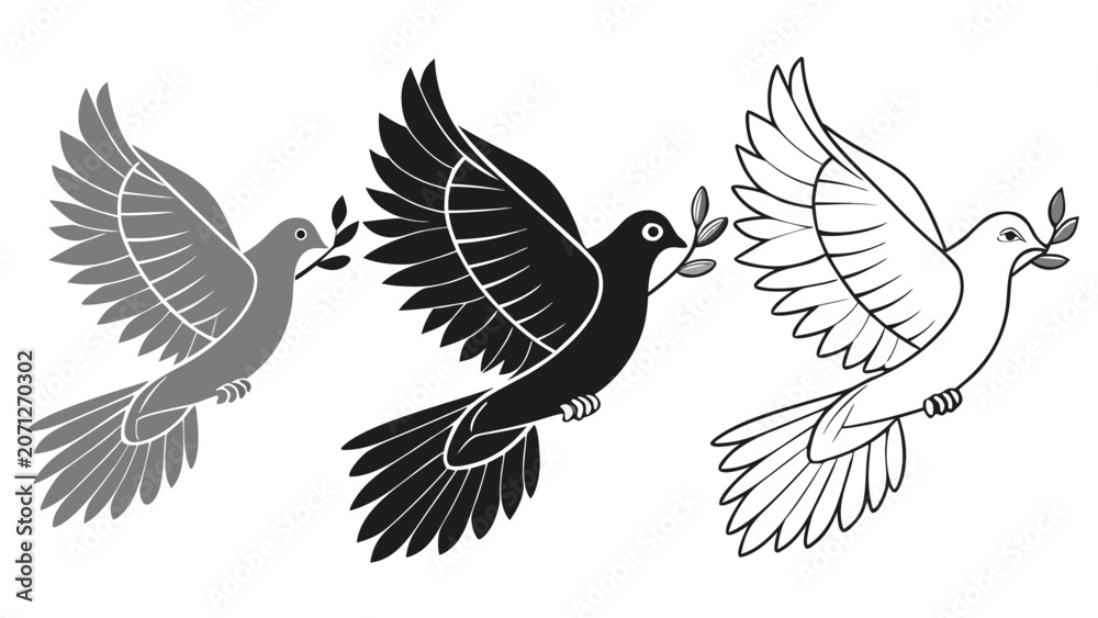 Obraz premium Set of three stylized doves of peace with olive branches in different styles